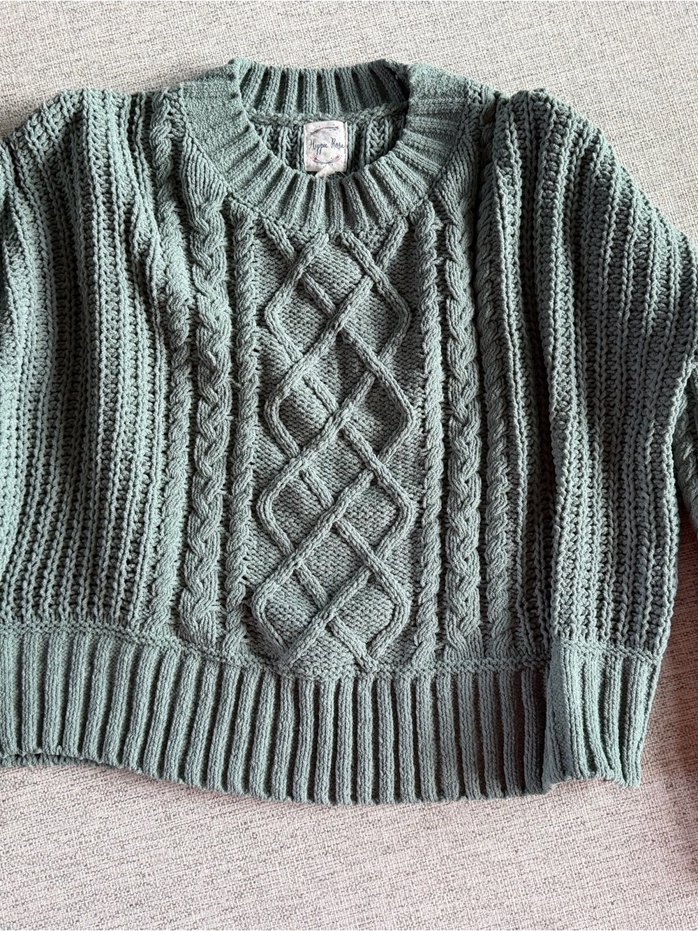 Hippie Rose Sage Green Cable Knit Crewneck Sweater